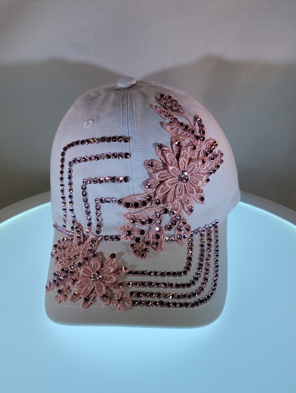 Embellished Pink Floral Rhinestone Baseball Cap